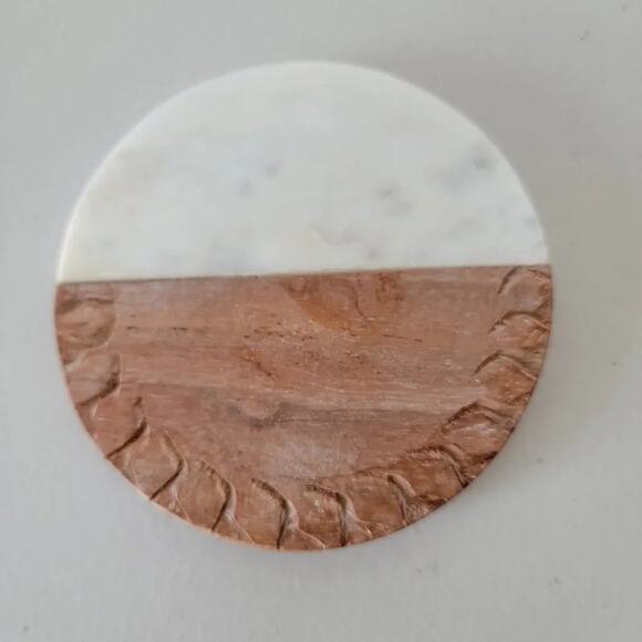 Handmade Marble and Wood Round Coaster Set of 2 Acacia Wood White Marble - Picture 2 of 7